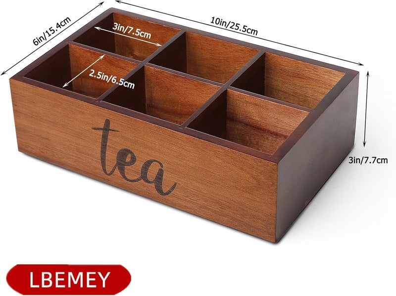 LBEMEY Tea Bag Organizer,Acacia Wood Tea Storage Containers with 6 Compartments, Sugar Packet Holder,Tea Bag Caddy Box for Cabinet Countertop Office (Brown-Labeled "Tea") - Image 3